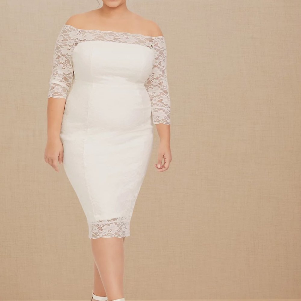 Torrid ivory lace off the shoulder bodycon wedding dress